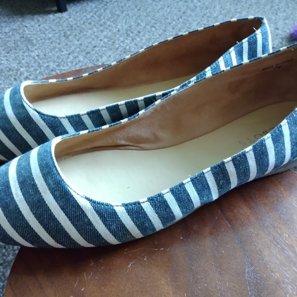 Blue + White Striped Talbot Flats, Size 10